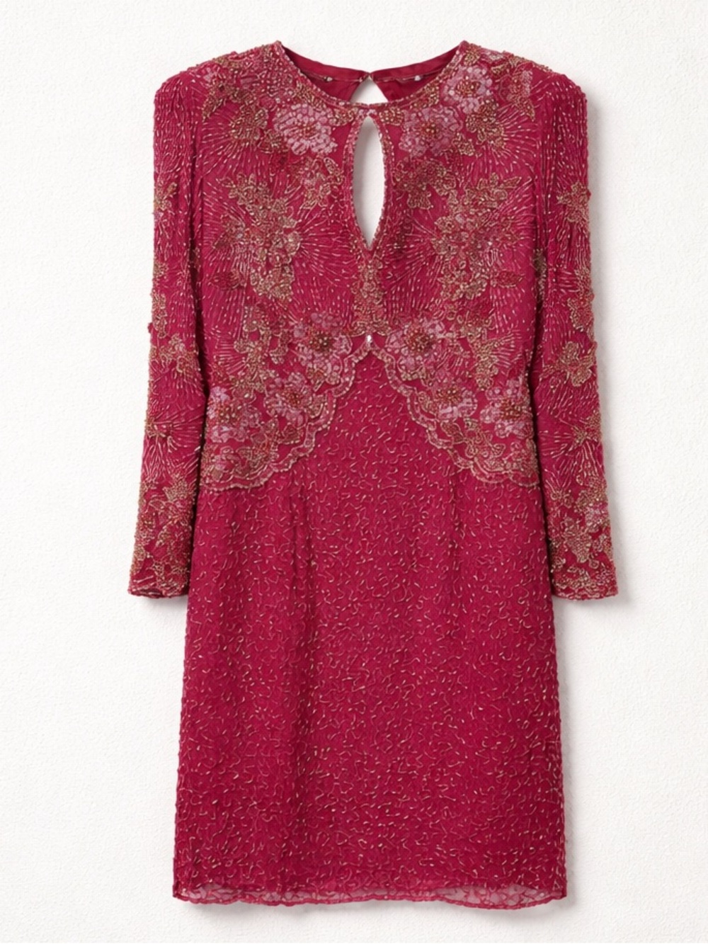 Vintage Peak Sequined Beaded Keyhole Invisible Zipper Lined Silk Dress - Picture 1 of 16